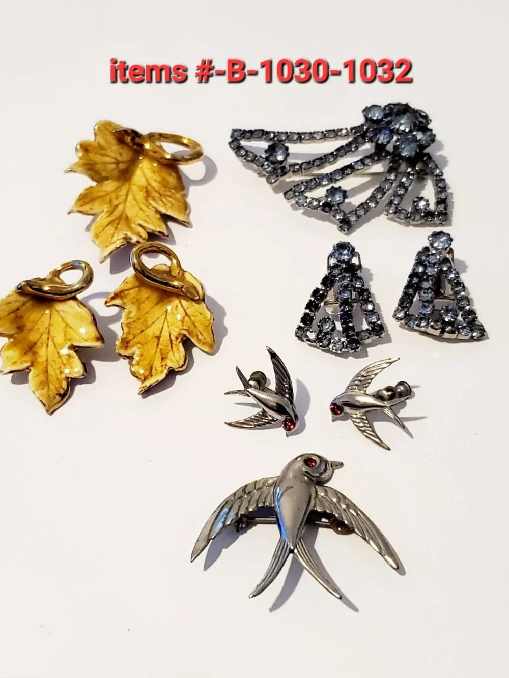 3 Brooches with matching Earrings, items # B- 1030-1032,. wt 43 grams.